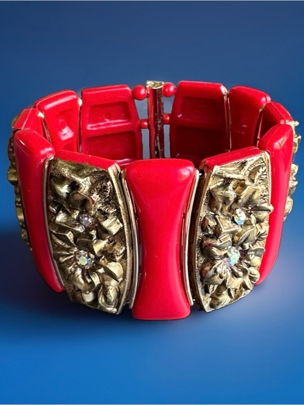 VTG Western Germany Red & Gold Acrylic Wired Panel Bangle Bracelet Mid Century